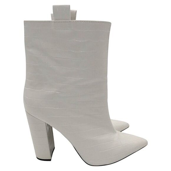 White Croc Embossed Ankle Boots Pointed Toe Block Heel Y2K Baddie Boss Babe - Picture 3 of 12